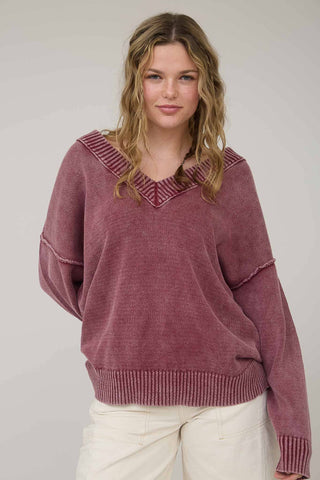 WASHED V NECK LONG SLEEVE OVERSIZED KNIT SWEATER - Rise and Redemption