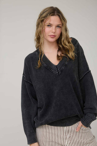 WASHED V NECK LONG SLEEVE OVERSIZED KNIT SWEATER - Rise and Redemption