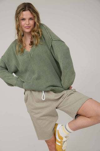 WASHED V NECK LONG SLEEVE OVERSIZED KNIT SWEATER - Rise and Redemption