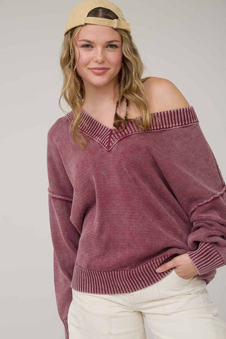WASHED V NECK LONG SLEEVE OVERSIZED KNIT SWEATER - Rise and Redemption