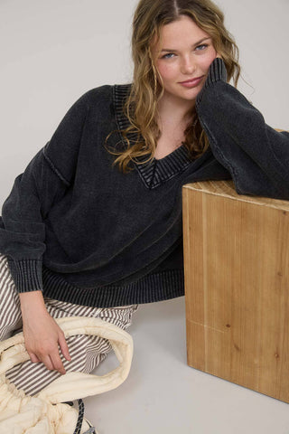 WASHED V NECK LONG SLEEVE OVERSIZED KNIT SWEATER - Rise and Redemption