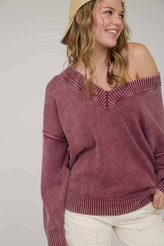 WASHED V NECK LONG SLEEVE OVERSIZED KNIT SWEATER - Rise and Redemption
