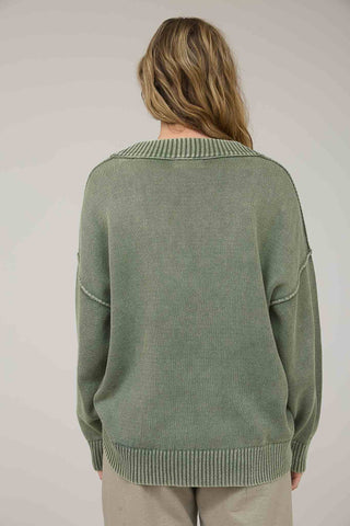 WASHED V NECK LONG SLEEVE OVERSIZED KNIT SWEATER - Rise and Redemption