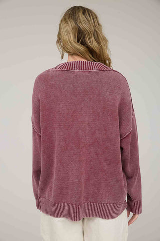 WASHED V NECK LONG SLEEVE OVERSIZED KNIT SWEATER - Rise and Redemption