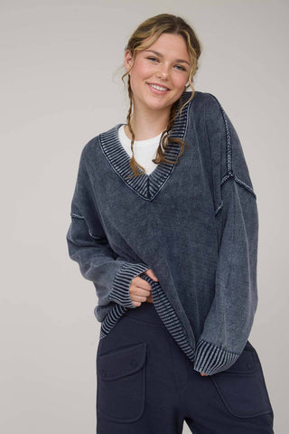 WASHED V NECK LONG SLEEVE OVERSIZED KNIT SWEATER - Rise and Redemption