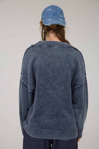 WASHED V NECK LONG SLEEVE OVERSIZED KNIT SWEATER - Rise and Redemption