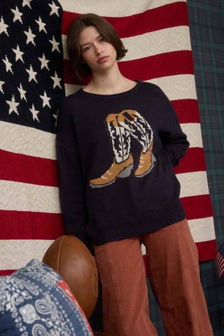 WESTERN BOOT JACQUARD LONG SLEEVE KNIT SWEATER - Rise and Redemption