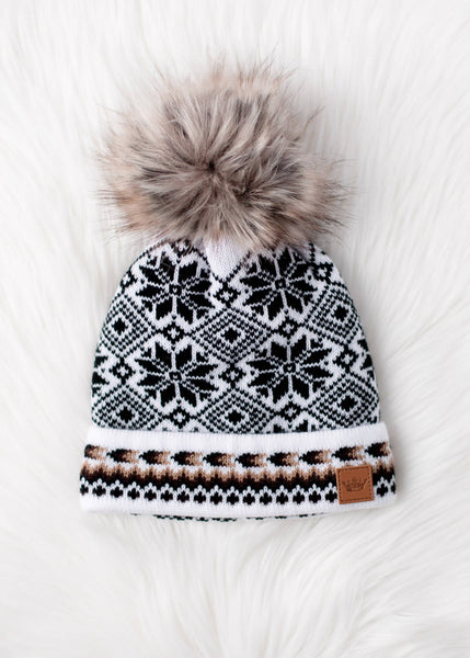 White, Black & Tan Patterned Pom Hat - Rise and Redemption