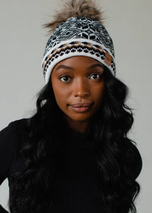 White, Black & Tan Patterned Pom Hat - Rise and Redemption