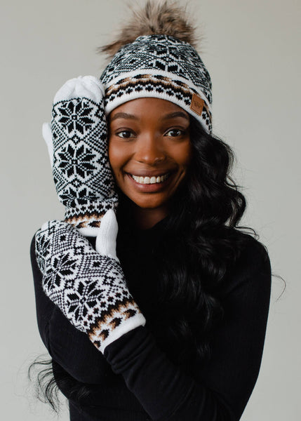 White, Black & Tan Patterned Pom Hat - Rise and Redemption