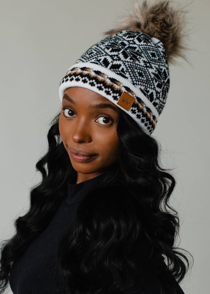 White, Black & Tan Patterned Pom Hat - Rise and Redemption