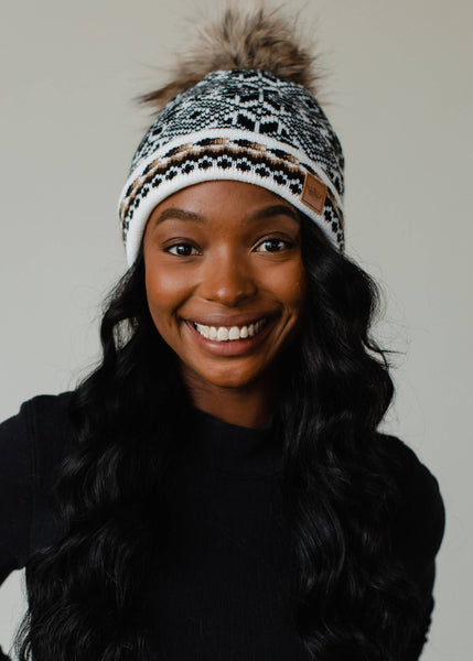 White, Black & Tan Patterned Pom Hat - Rise and Redemption