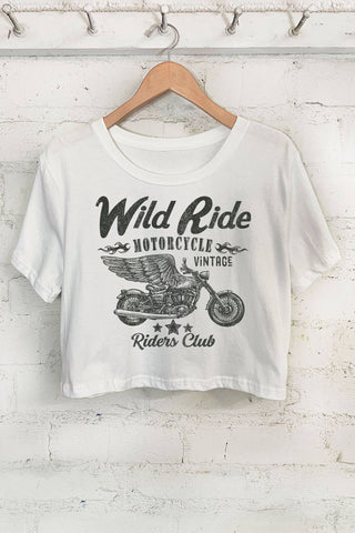 WILD RIDE MOTORCYCLE GRAPHIC SHORT CROP TOP: NATURAL - Rise and Redemption