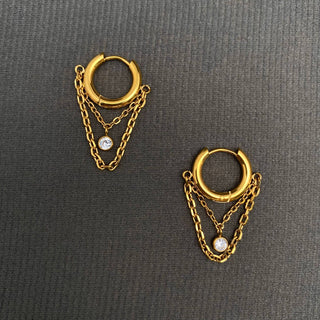Zircon inlaid chain Fringe 18K Golden SS huggie Earrings - FGS - Rise and Redemption