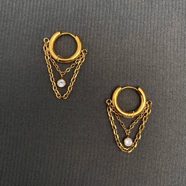 Zircon inlaid chain Fringe 18K Golden SS huggie Earrings - FGS - Rise and Redemption