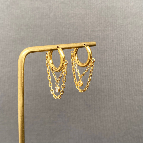 Zircon inlaid chain Fringe 18K Golden SS huggie Earrings - FGS - Rise and Redemption