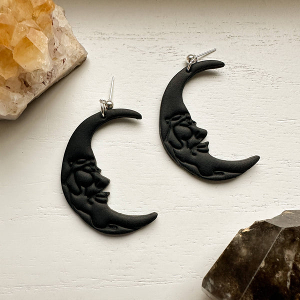 Black Moon Earrings, Boho Clay Earrings, Moon Dangle Earring - Rise and Redemption