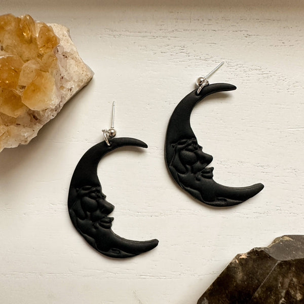 Black Moon Earrings, Boho Clay Earrings, Moon Dangle Earring - Rise and Redemption