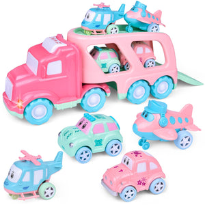 Cartoon Vehicles Car Carrier Truck Pink Toy Lights and Sound - Rise and Redemption