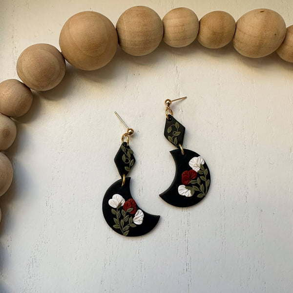 Floral Moon Clay Earrings | Floral Moon Dangle Earrings | - Rise and Redemption