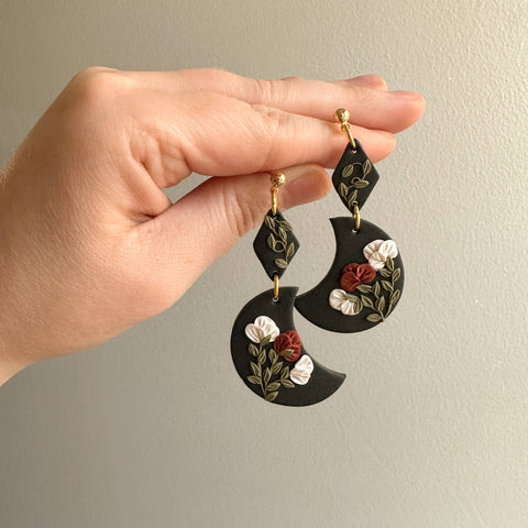 Floral Moon Clay Earrings | Floral Moon Dangle Earrings | - Rise and Redemption