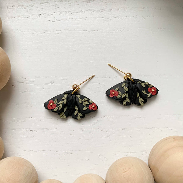 Floral Moth Mini Dangle Earrings | Floral Clay Moth Earrings - Rise and Redemption