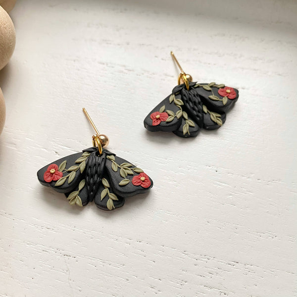 Floral Moth Mini Dangle Earrings | Floral Clay Moth Earrings - Rise and Redemption