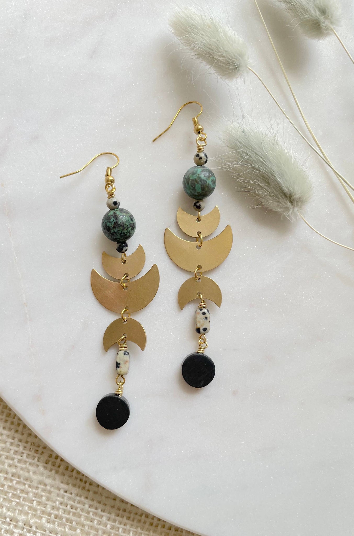 The Urbana Earring - Turquoise Brass Moon Phase Earring - Rise and Redemption